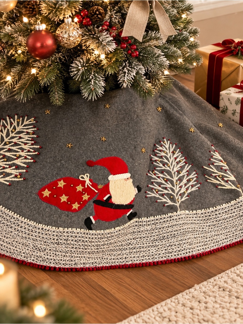 Gray Wool Santa Tree Skirt 51”House & Garden embroidered & embellished
